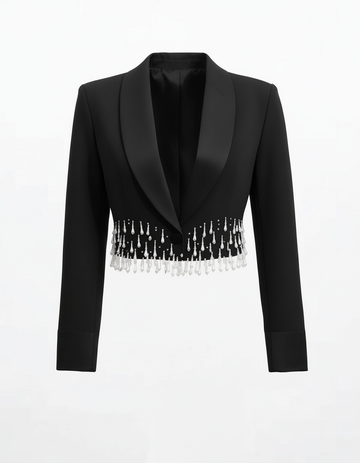 Black Torero-Inspired Cropped Tuxedo Jacket with Crystals